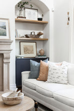 Load image into Gallery viewer, California Casual home, open shelves, arched bookshelves, arched shelves, styling open shelves, styling arched bookshelves, leaning art, styling with art, art for the home, horses, charcoal sketch, framed charcoal sketch, Wendover Art, Elsie Home, Horse Tamers