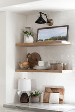 Load image into Gallery viewer, Floating shelves in kitchen.  Open shelves in kitchen. Styling open shelves in the kitchen. Kitchen styling. Art in the kitchen. California casual decor. Elsie Home. How to style open shelves.  How to style shelves like a designer.