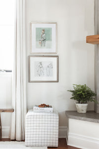 Figure of a Girl art. Stacked art. How to hang art. California Casual decor. California casual style. Elsie Home. Charcoal sketch art. Studio McGee for Target. Home decor. How to style a corner of my home.