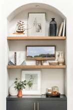 Load image into Gallery viewer, Arched bookshelves with floating shelves. Styled bookshelves. Wendover Art. Figure of a Girl art.  Painting of a girl. Styled floating shelves. Styling open shelves. Arched bookshelves. California casual decor. California casual style. Charcoal sketch artwork. 